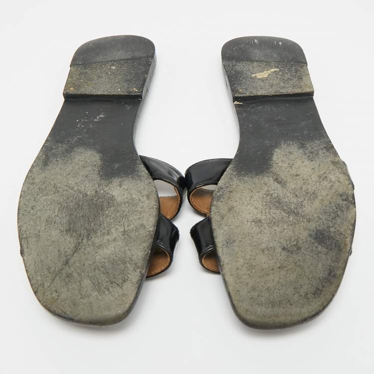 Pre Owned Hermes Oran Size 38 Black Patent Leather Flat Slides