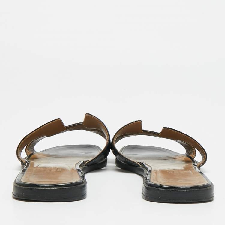 Pre Owned Hermes Oran Size 38 Black Patent Leather Flat Slides