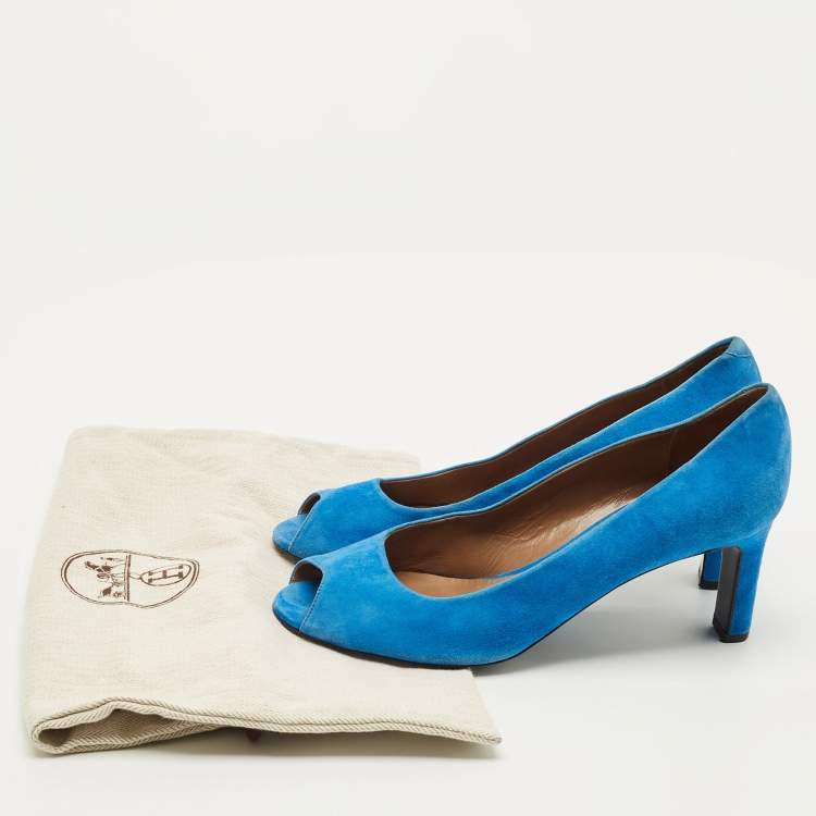Pre Owned Hermes Size 39 Blue Suede Peep Toe Pumps