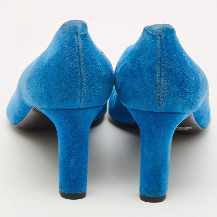 Pre Owned Hermes Size 39 Blue Suede Peep Toe Pumps
