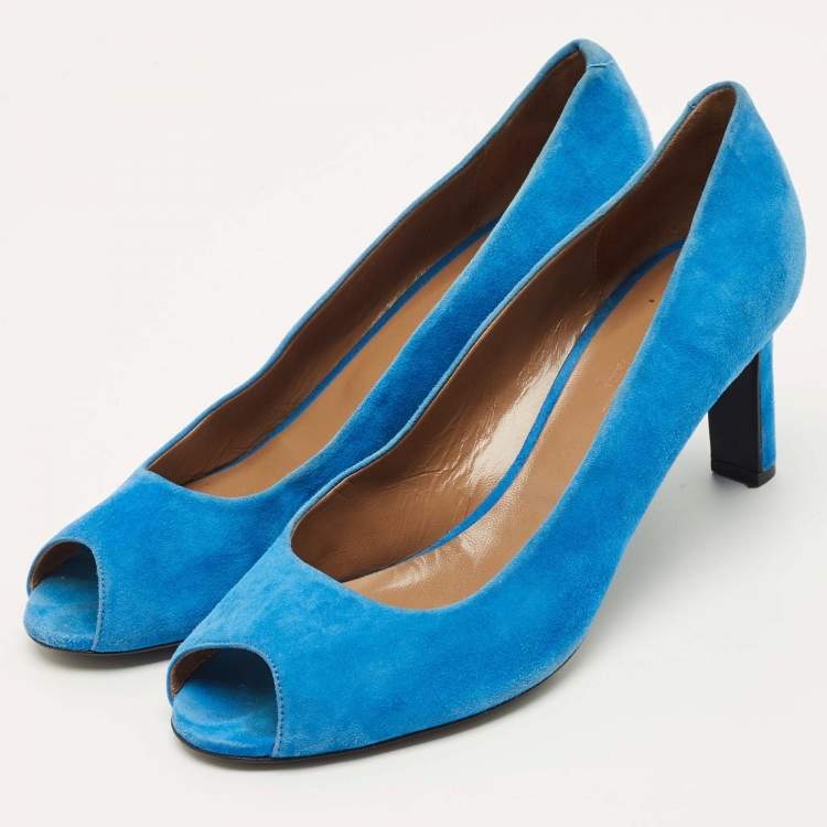 Pre Owned Hermes Size 39 Blue Suede Peep Toe Pumps