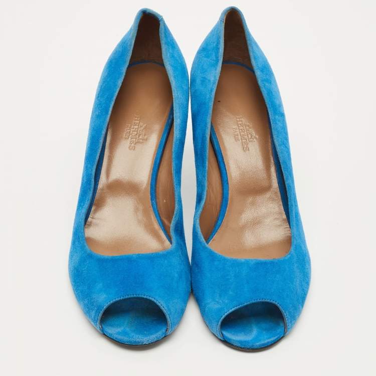 Pre Owned Hermes Size 39 Blue Suede Peep Toe Pumps