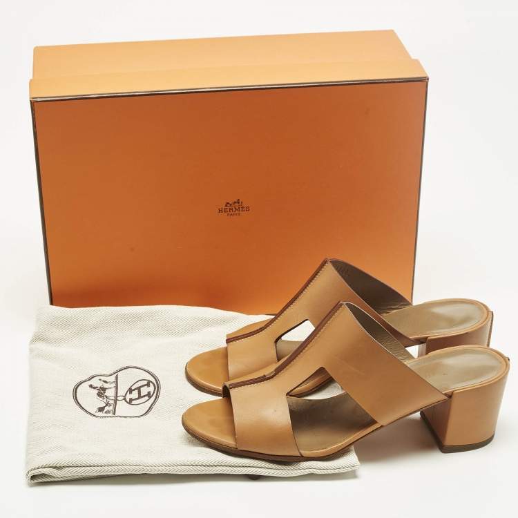 Pre Owned Hermes Ostia Size 37 Brown Leather Slide Sandals
