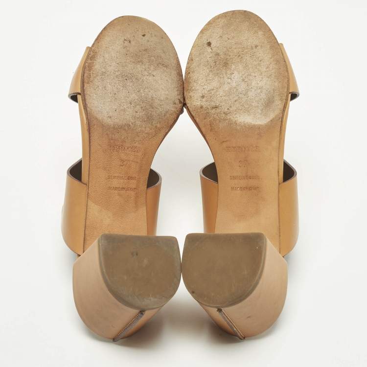 Pre Owned Hermes Ostia Size 37 Brown Leather Slide Sandals