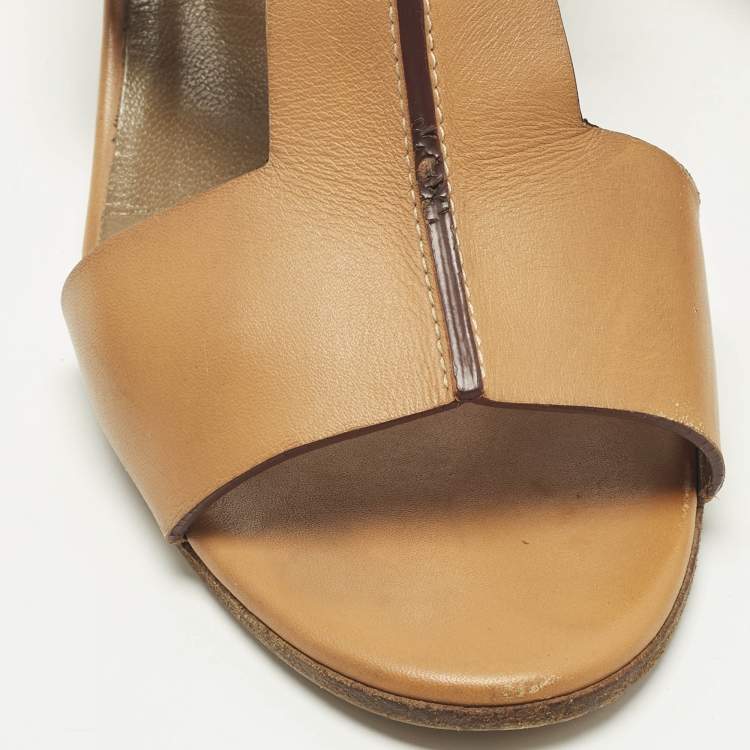 Pre Owned Hermes Ostia Size 37 Brown Leather Slide Sandals