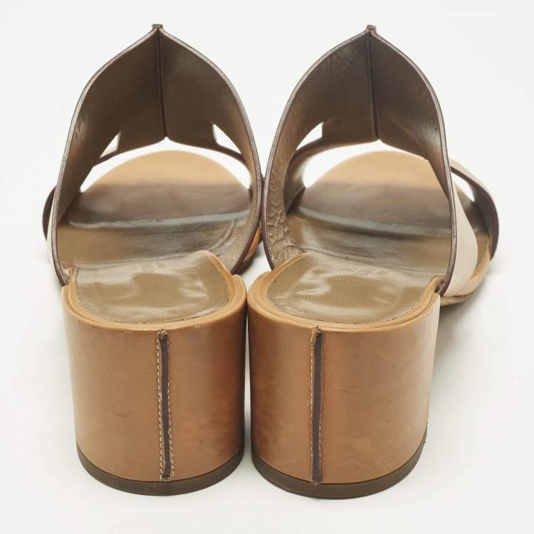 Pre Owned Hermes Ostia Size 37 Brown Leather Slide Sandals