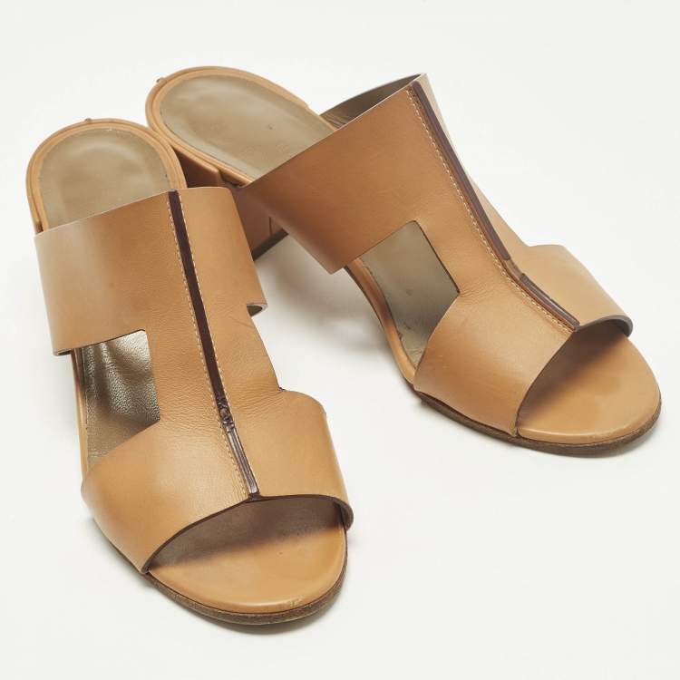 Pre Owned Hermes Ostia Size 37 Brown Leather Slide Sandals