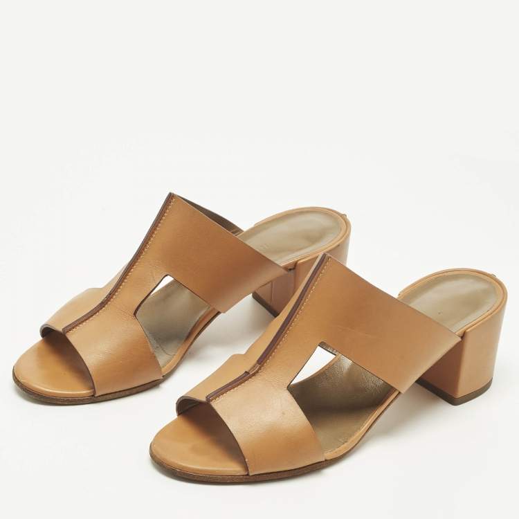 Pre Owned Hermes Ostia Size 37 Brown Leather Slide Sandals