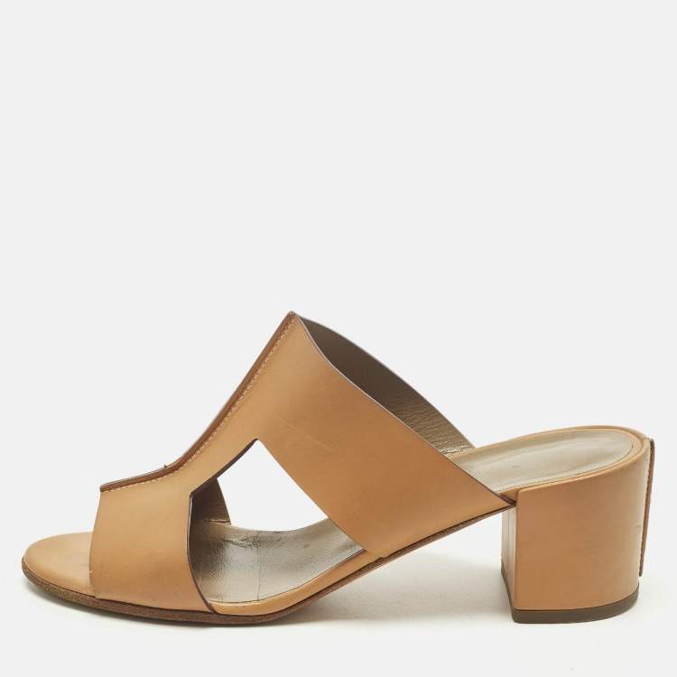 Pre Owned Hermes Ostia Size 37 Brown Leather Slide Sandals