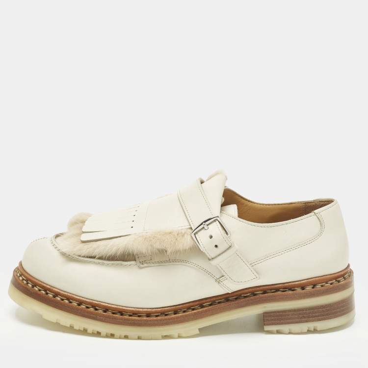 Pre Owned Hermes Size 40 Cream Leather and Mink Fur Derby