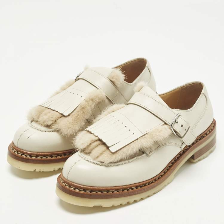 Pre Owned Hermes Size 40 Cream Leather and Mink Fur Derby