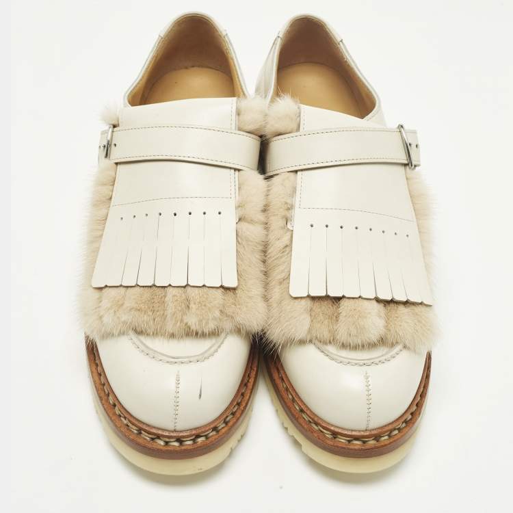 Pre Owned Hermes Size 40 Cream Leather and Mink Fur Derby