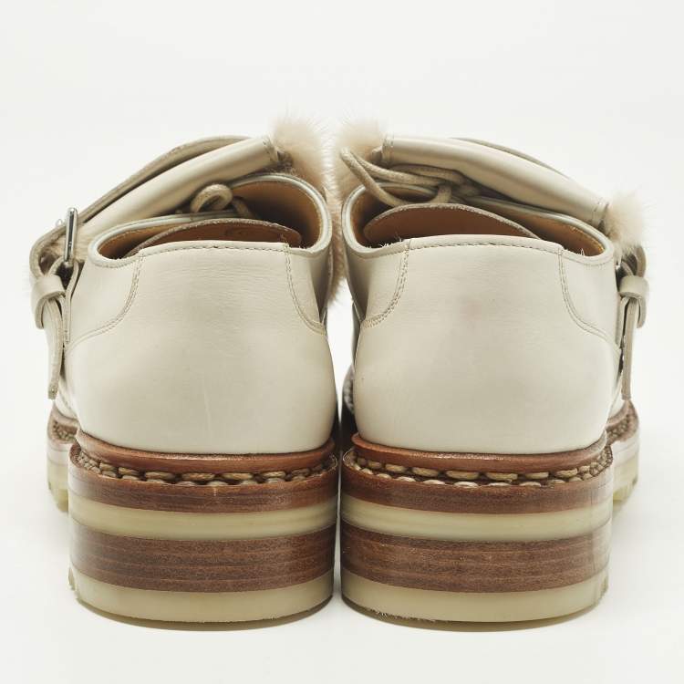 Pre Owned Hermes Size 40 Cream Leather and Mink Fur Derby