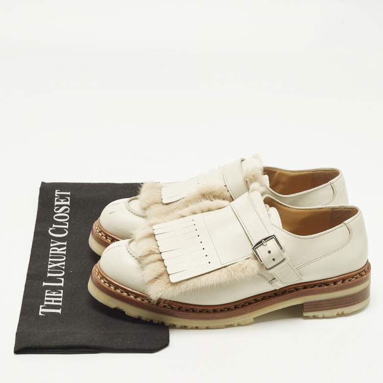 Pre Owned Hermes Size 40 Cream Leather and Mink Fur Derby