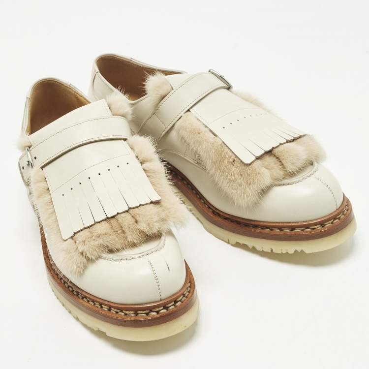 Pre Owned Hermes Size 40 Cream Leather and Mink Fur Derby