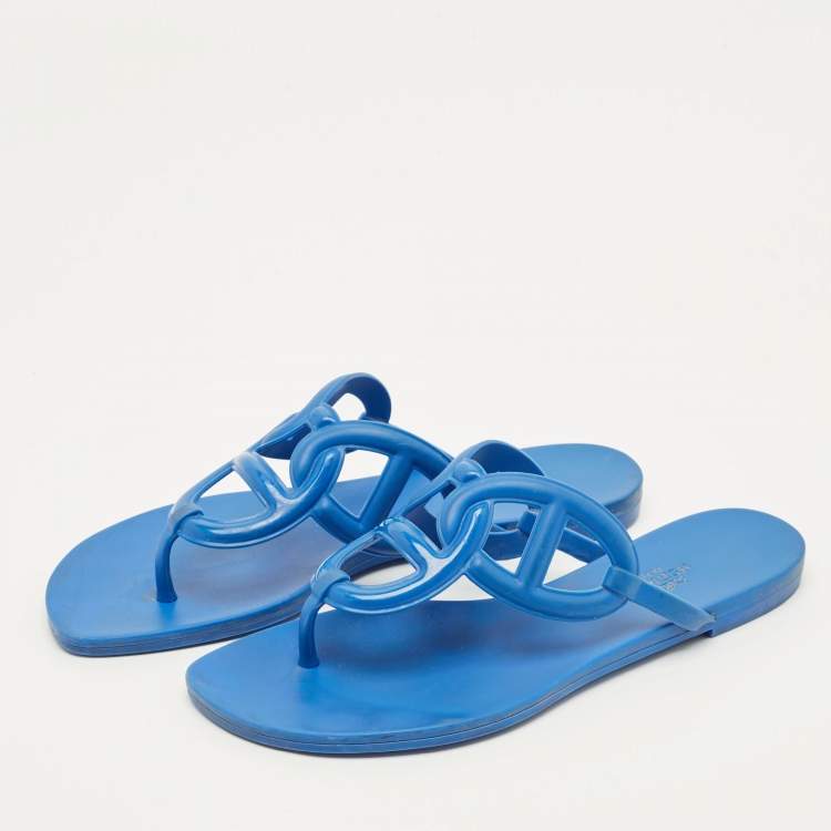 Pre Owned Hermes Egerie Size 38 Blue Rubber Thong Sandals