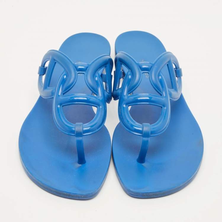 Pre Owned Hermes Egerie Size 38 Blue Rubber Thong Sandals