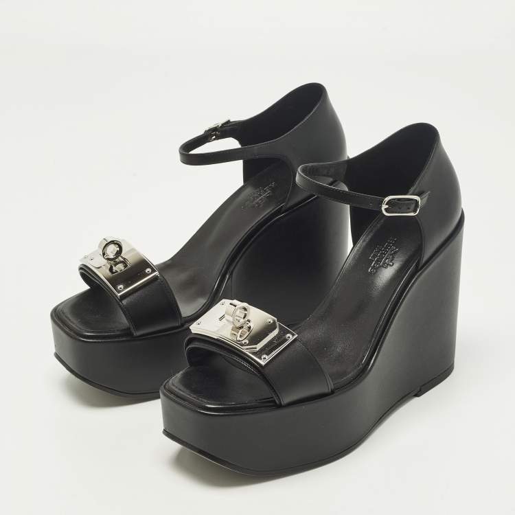 Pre Owned Hermes Hilda 80 Size 37 Black Leather Wedge Ankle Strap Sandals