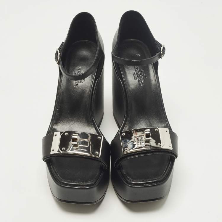 Pre Owned Hermes Hilda 80 Size 37 Black Leather Wedge Ankle Strap Sandals