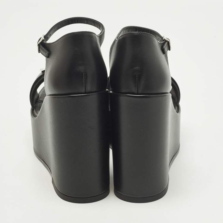 Pre Owned Hermes Hilda 80 Size 37 Black Leather Wedge Ankle Strap Sandals