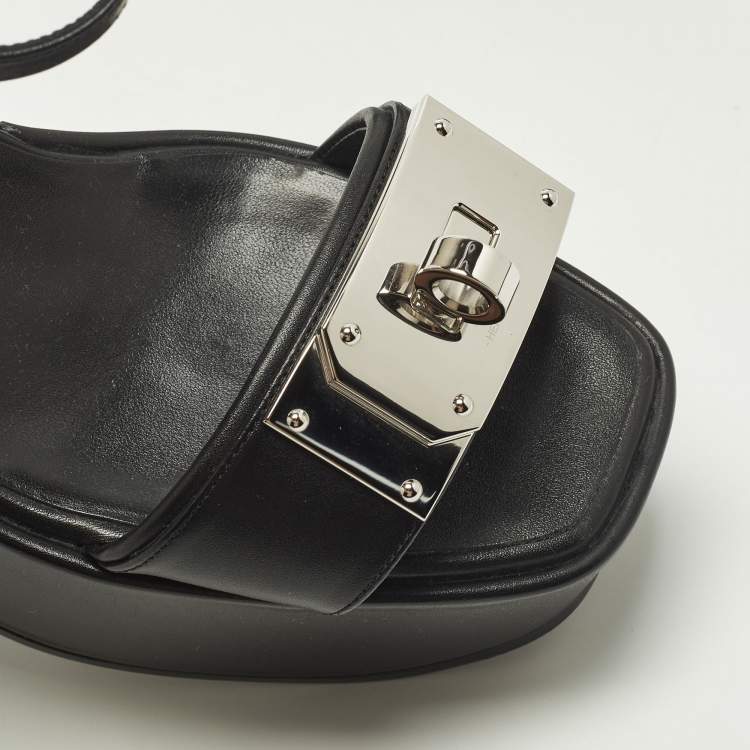 Pre Owned Hermes Hilda 80 Size 37 Black Leather Wedge Ankle Strap Sandals