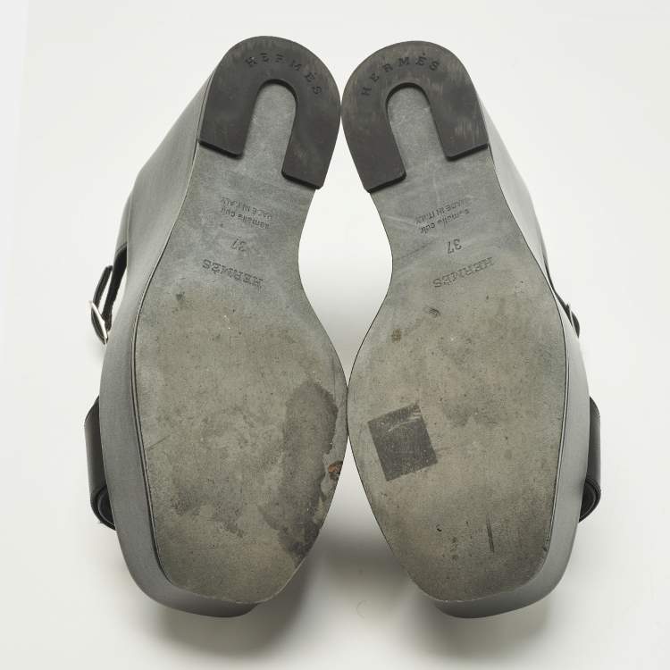 Pre Owned Hermes Hilda 80 Size 37 Black Leather Wedge Ankle Strap Sandals