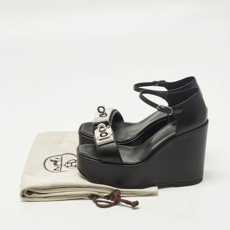 Pre Owned Hermes Hilda 80 Size 37 Black Leather Wedge Ankle Strap Sandals