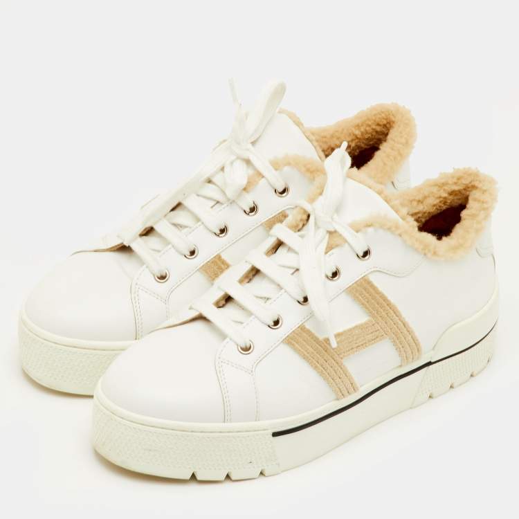 Pre Owned Hermes Dare Size 40 White/Beige Leather and Shearling Low Top Sneakers