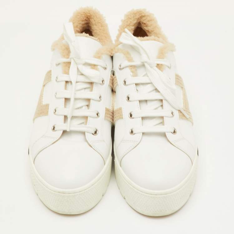 Pre Owned Hermes Dare Size 40 White/Beige Leather and Shearling Low Top Sneakers