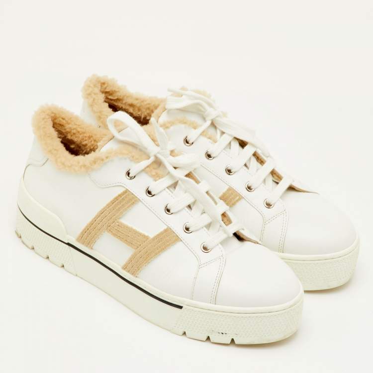 Pre Owned Hermes Dare Size 40 White/Beige Leather and Shearling Low Top Sneakers