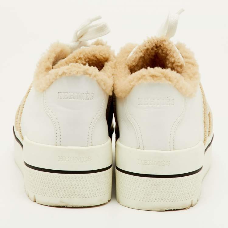 Pre Owned Hermes Dare Size 40 White/Beige Leather and Shearling Low Top Sneakers