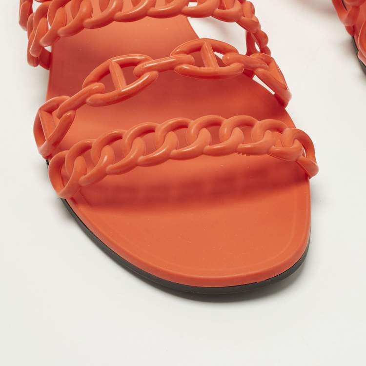 Pre Owned Hermes Chain d'Ancre Size 38 Orange Rubber Flat Slides 
