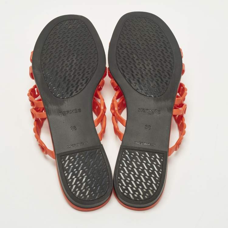 Pre Owned Hermes Chain d'Ancre Size 38 Orange Rubber Flat Slides 