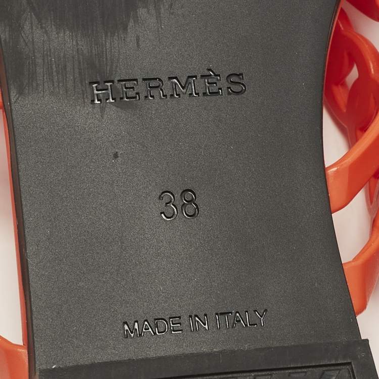 Pre Owned Hermes Chain d'Ancre Size 38 Orange Rubber Flat Slides 