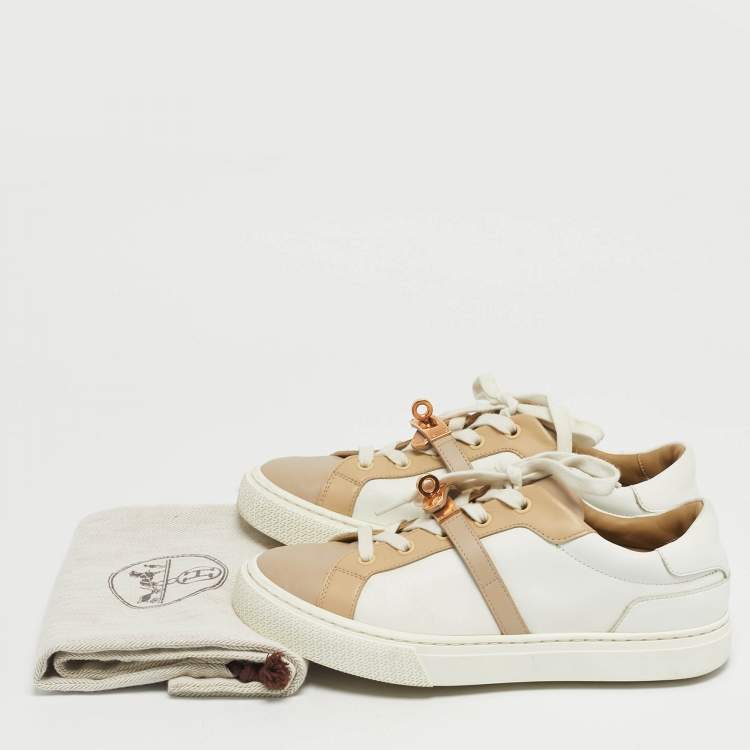 Pre Owned Hermes Day Size 37 White/Beige Leather Lace Up Sneakers