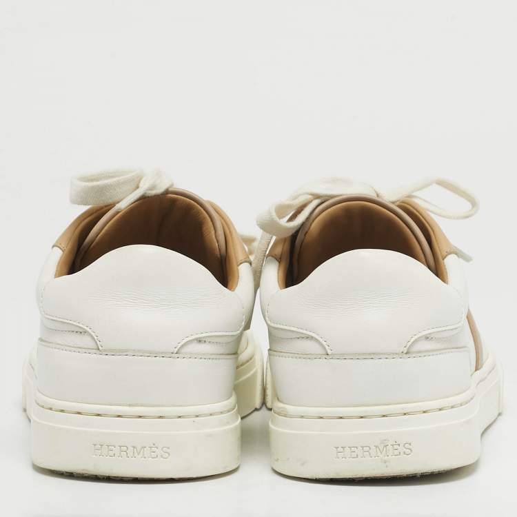 Pre Owned Hermes Day Size 37 White/Beige Leather Lace Up Sneakers