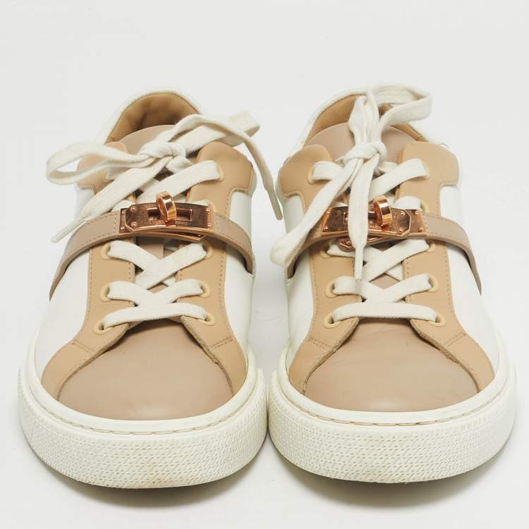 Pre Owned Hermes Day Size 37 White/Beige Leather Lace Up Sneakers