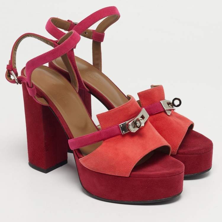 Pre Owned Hermes Kelly Size 39 Multicolor Suede Platform Sandals
