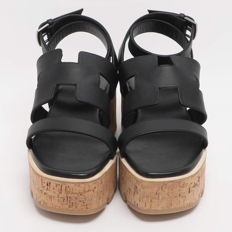 مملوكة مسبقًا Hermes Havane Size 40 Black Leather Cork Wedge Ankle Strap Sandals