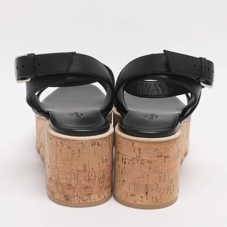 مملوكة مسبقًا Hermes Havane Size 40 Black Leather Cork Wedge Ankle Strap Sandals