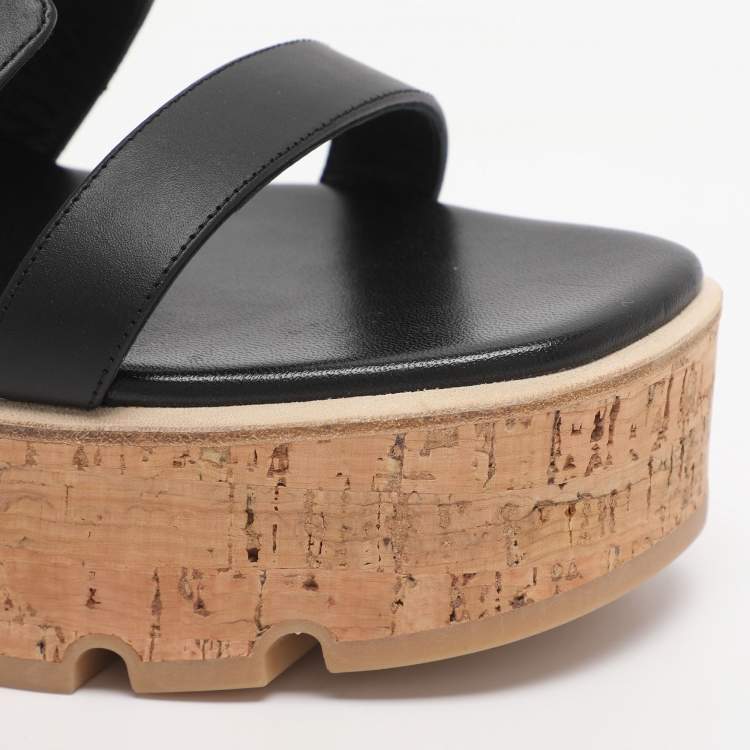 مملوكة مسبقًا Hermes Havane Size 40 Black Leather Cork Wedge Ankle Strap Sandals