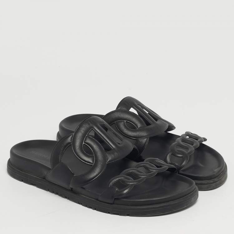 Pre Owned Hermes Extra Size 36 Black Leather Flat Sandals