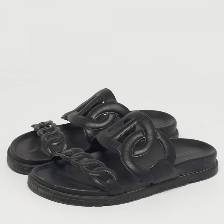 Pre Owned Hermes Extra Size 36 Black Leather Flat Sandals