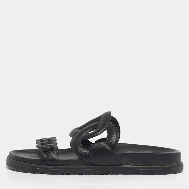 Pre Owned Hermes Extra Size 36 Black Leather Flat Sandals