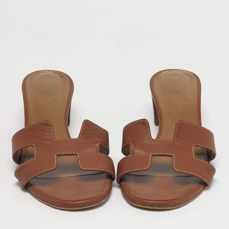 Pre Owned Hermes Oasis Size 40 Brown Leather Slide Sandals