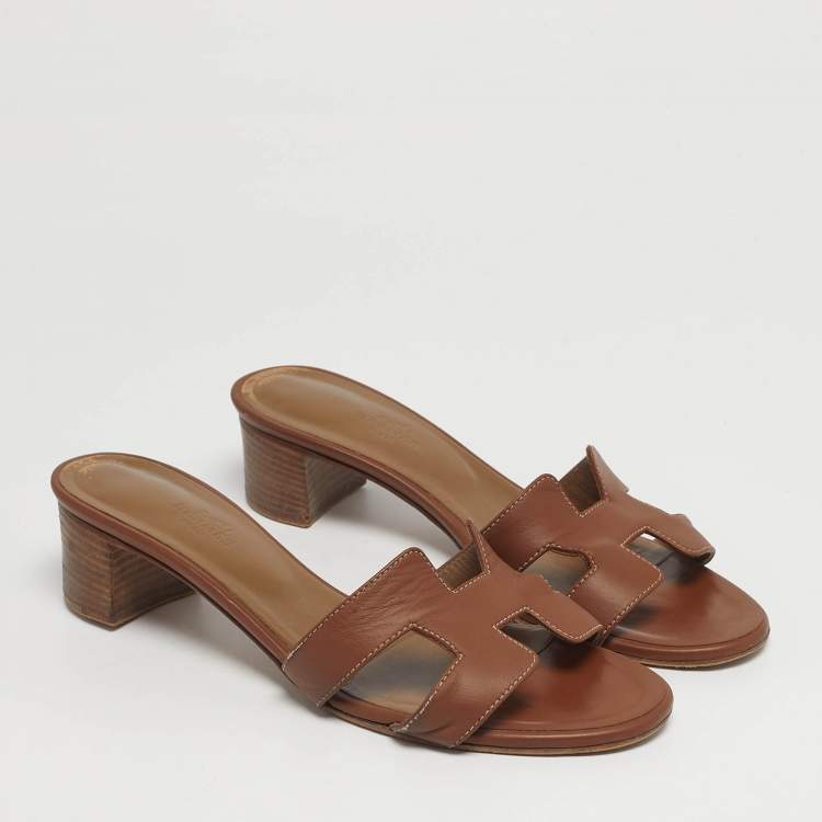 Pre Owned Hermes Oasis Size 40 Brown Leather Slide Sandals