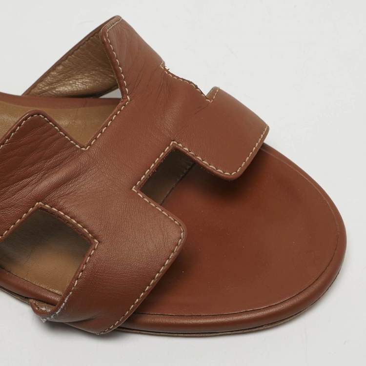 Pre Owned Hermes Oasis Size 40 Brown Leather Slide Sandals