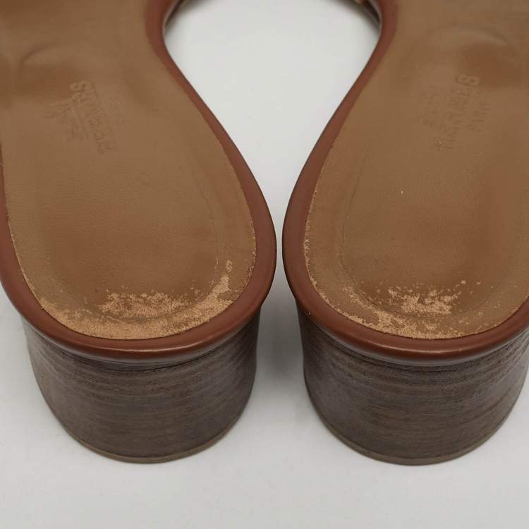 Pre Owned Hermes Oasis Size 40 Brown Leather Slide Sandals