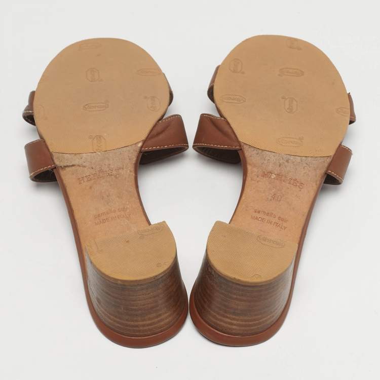 Pre Owned Hermes Oasis Size 40 Brown Leather Slide Sandals