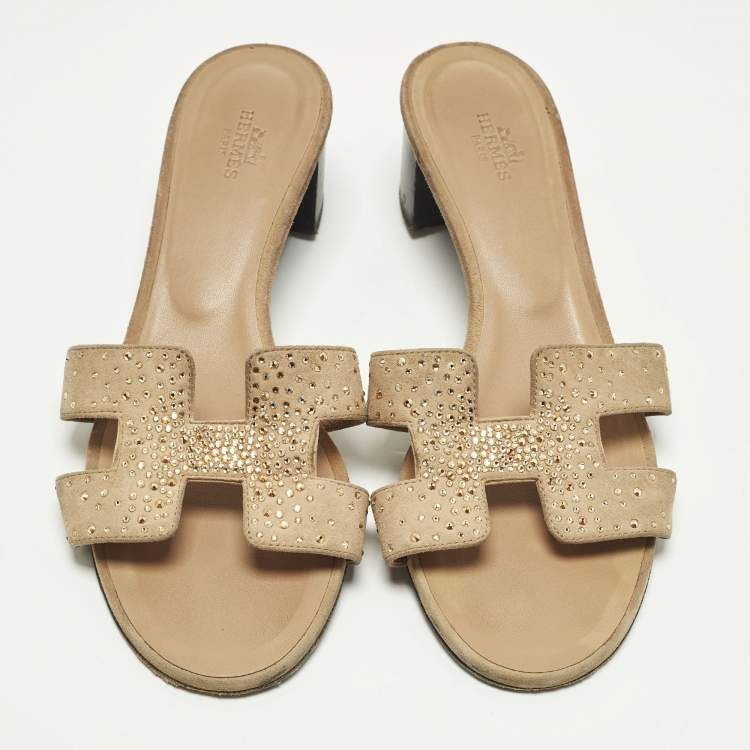 Pre Owned Hermes Oasis Size 38.5 Beige Suede Crystal Embellished Slide Sandals